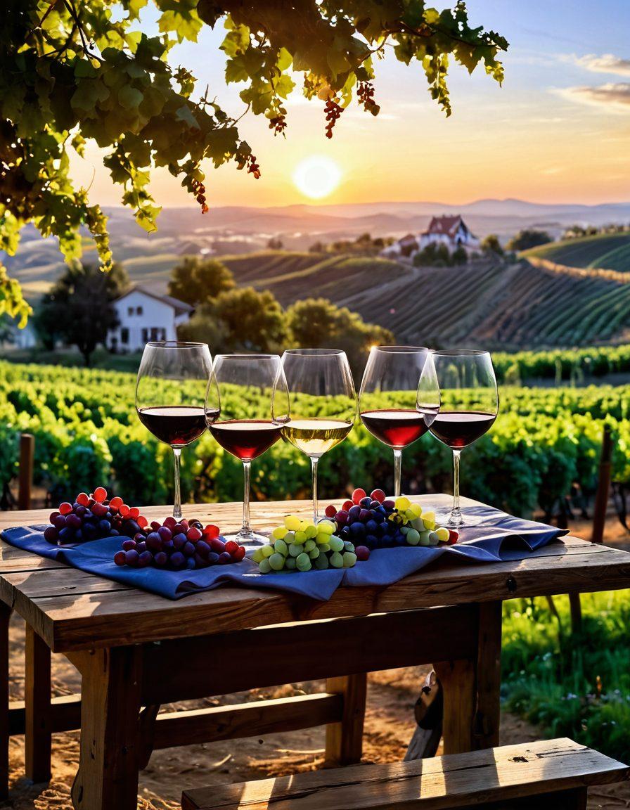A scenic vineyard landscape showcasing rolling hills with grapevines in full bloom, elegantly arranged wine glasses filled with rich red and white wines on a rustic wooden table, with a soft sunset casting warm golden light. A backdrop of cheerful festival-goers sipping wine and enjoying gourmet food. super-realistic. vibrant colors. outdoor setting.
