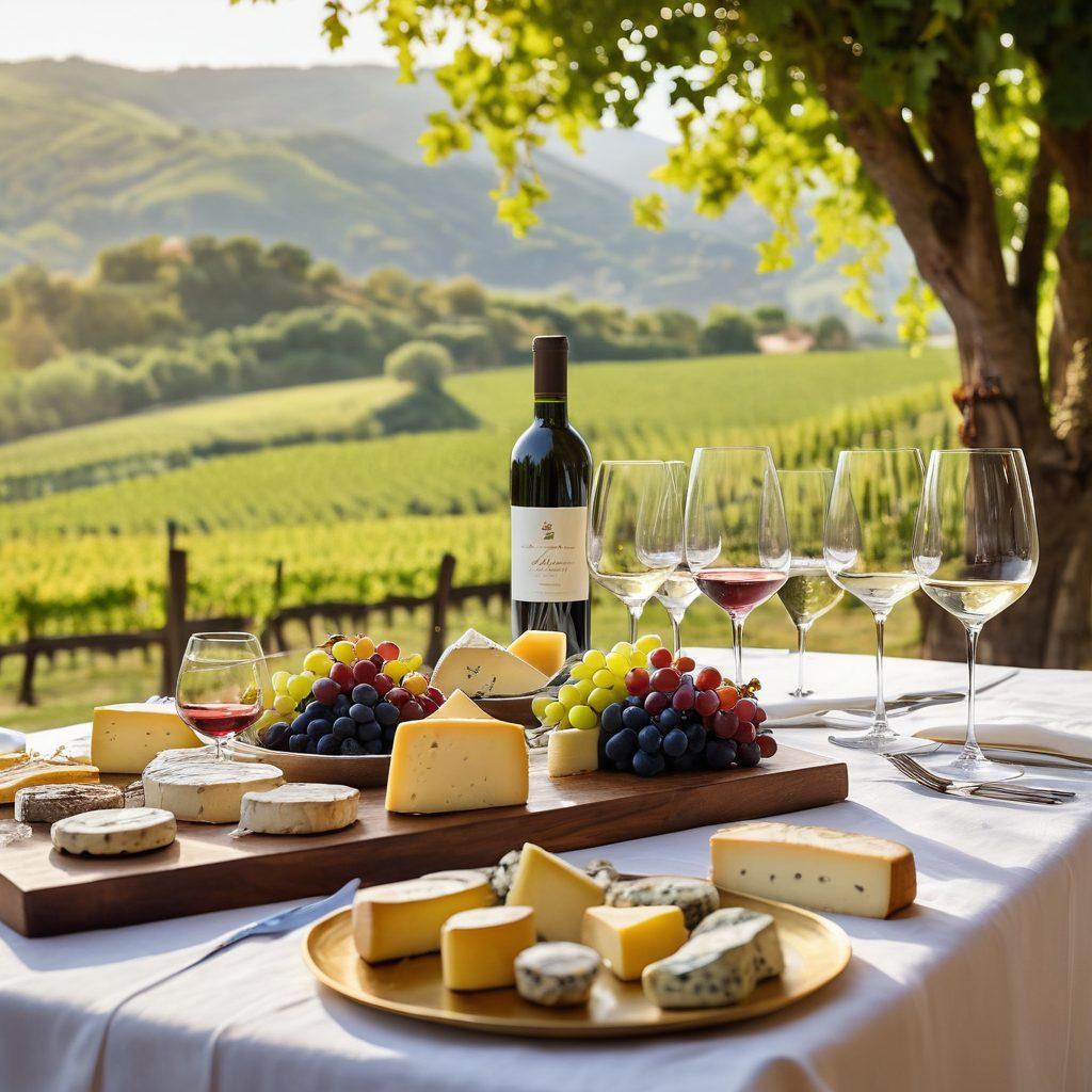 A lavish dining table set for a wine tasting event, featuring a selection of fine wines and gourmet cheeses elegantly arranged. In the background, lush vineyards basking in golden sunlight with rolling hills. A sommelier explaining the nuances of wine pairing to an engaged crowd, creating an inviting atmosphere. Elegant wine glasses reflecting soft light, adding a touch of sophistication. watercolor painting. vibrant colors.
