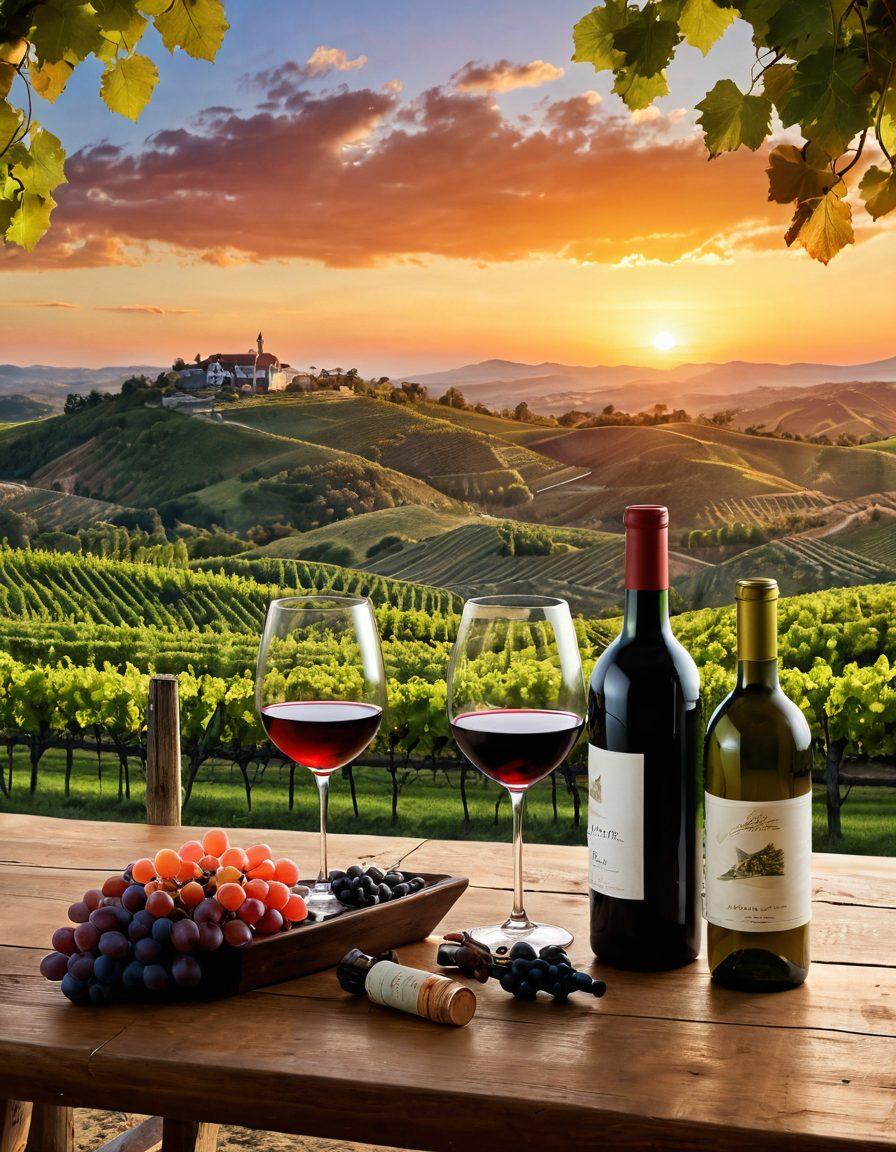 A picturesque vineyard landscape with rolling hills and lush grapevines, showcasing various wine bottle types and wine glasses filled with vibrant red and white wine. Include a rustic wooden table set for a wine tasting with a stunning sunset in the background. Capture an inviting atmosphere that reflects the joy of wine exploration and unique experiences. vibrant colors. super-realistic.